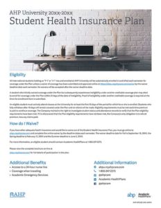 student health insurance plans flyer that talks about eligibilty and how to waive the plan