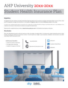 Student health insurance plan flyer with multiple blue desks