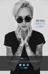 student health center or poster of woman that promotes student health insurance