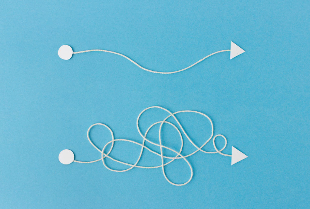 A tangled string from start to finish and an untangled string exhibiting ways of problem solving / solution finding