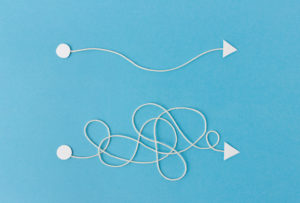 A tangled string from start to finish and an untangled string exhibiting ways of problem solving / solution finding