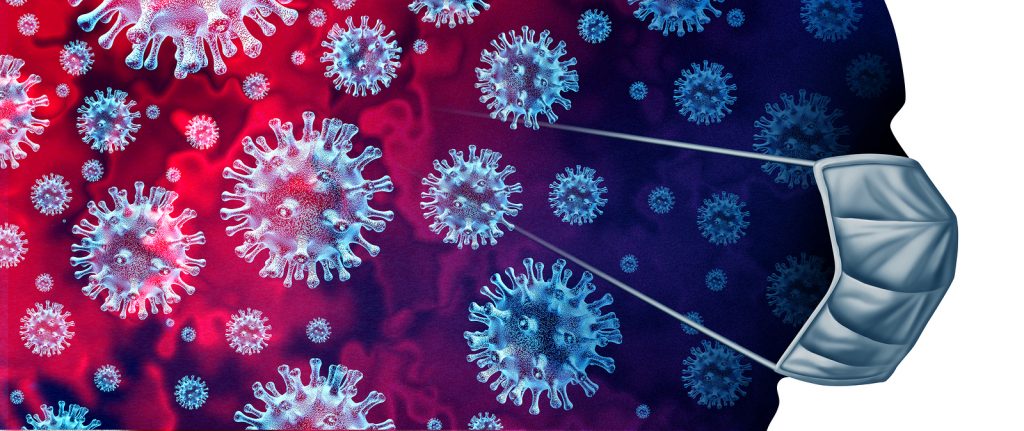 Illustration of a multiple coronaviruses within an area that transforms into a human profile wearing a mask