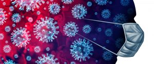 Illustration of a multiple coronaviruses within an area that transforms into a human profile wearing a mask