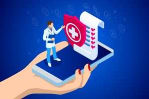 Graphic image of a doctor and medical symbol on top of a phone to depict telehealth services