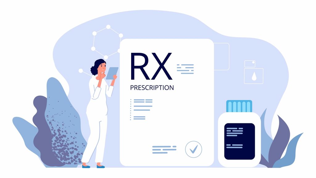 RX prescription. Pharmacist illustration, painkiller medication prescription. Vector pharmeceutical industry, therapy drugs. Illustration prescription rx, pharmaceutical medicine, medical care