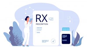 RX prescription. Pharmacist illustration, painkiller medication prescription. Vector pharmeceutical industry, therapy drugs. Illustration prescription rx, pharmaceutical medicine, medical care