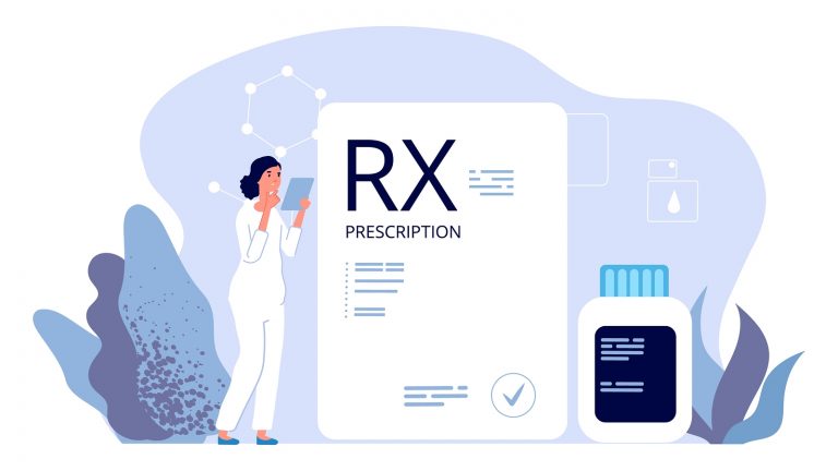 RX prescription. Pharmacist illustration, painkiller medication prescription. Vector pharmeceutical industry, therapy drugs. Illustration prescription rx, pharmaceutical medicine, medical care