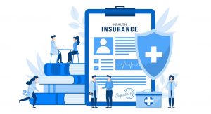 Health insurance vector illustration concept isolated. Huge health insurance form on clipboard. People patients and doctors with first aid kit, stethoscope, xray in medical clinic, hospital.