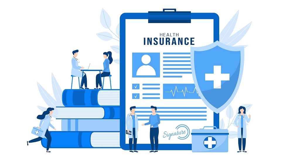 Health insurance vector illustration concept isolated. Huge health insurance form on clipboard. People patients and doctors with first aid kit, stethoscope, xray in medical clinic, hospital.