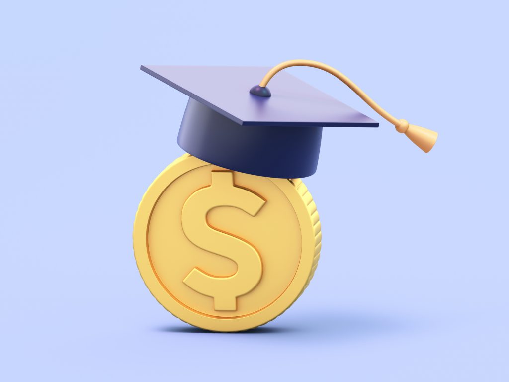 A graphic image of a gold dollar coin with a graduation cap on top