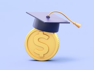 A graphic image of a gold dollar coin with a graduation cap on top