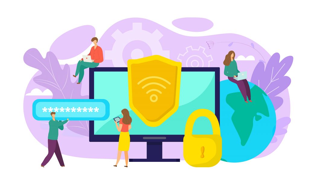 Colorful graphic image of students interacting with a computer and practicing safe cyber security practices