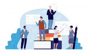 Teachers concept. Academics, school education world. Tiny professors of college. Mathematics geography chemistry teacher vector illustration. School study teacher, university, and college