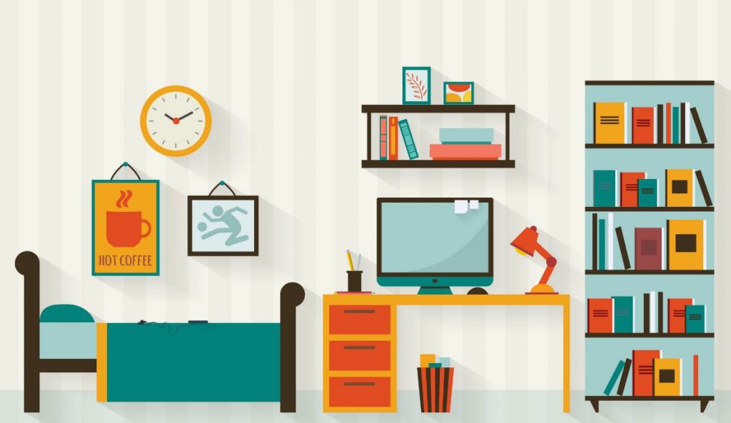 Colorful graphic of a dorm room