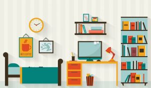 Colorful graphic of a dorm room