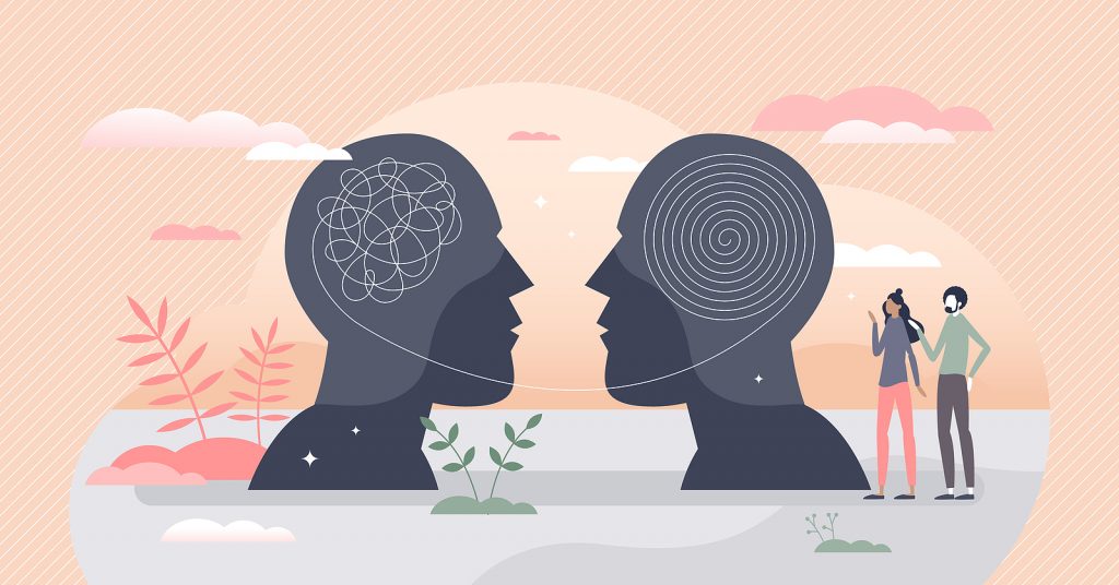 Inner world as thoughts into head with emotions and feelings tiny person concept. Internal psychology with chaos and arranged mind after therapy vector illustration. Mental brain mindset health scene.