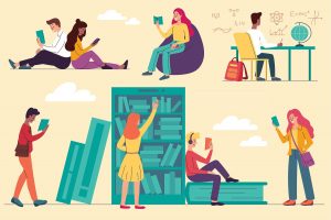Graphic illustration of students studying on campus