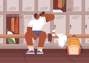 Athlete drinking water, sitting on bench in gyms dressing room with lockers. Black man with bottle in cloakroom after workout in sports center, fitness club. Flat graphic vector illustration