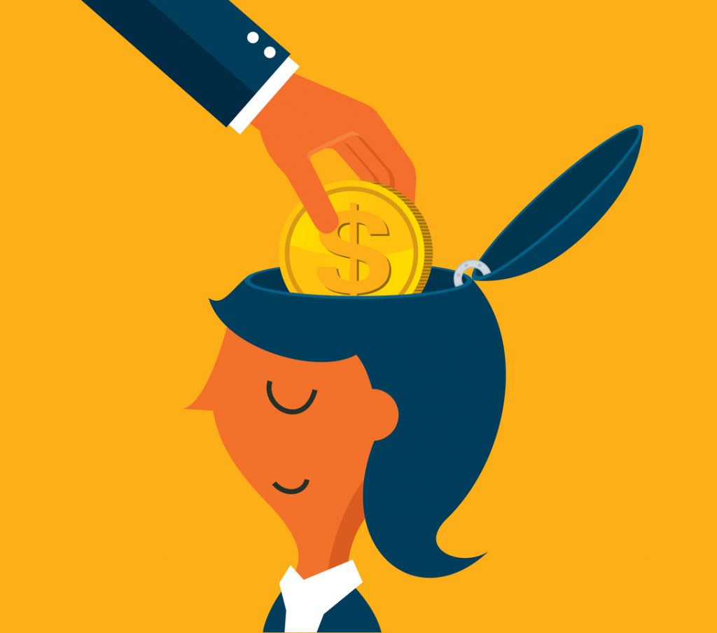 A graphic image of a young woman investing money into her mental health